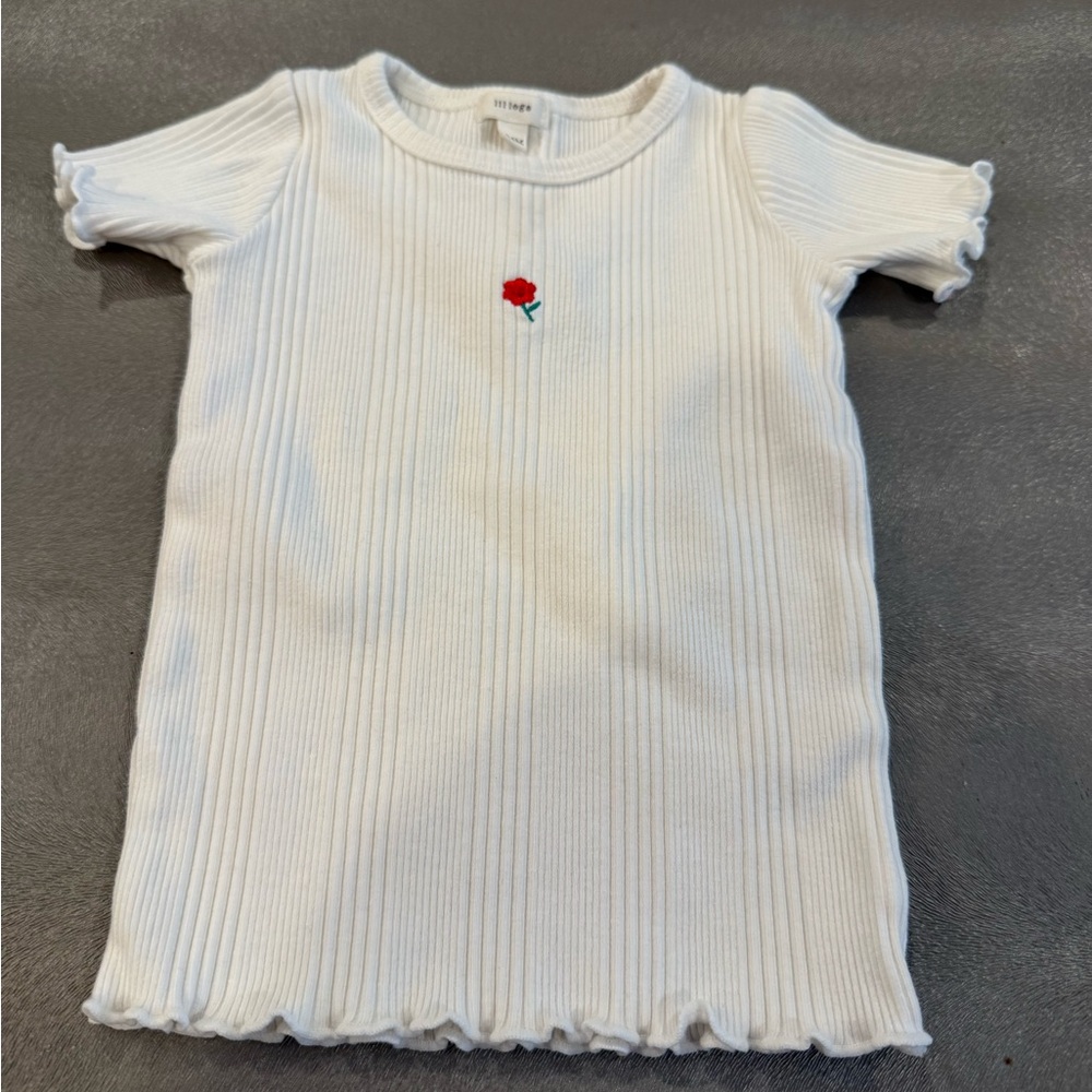 Lil Legs White Ribbed Kids Tee with Red Rose Embroidery. Size 24 months